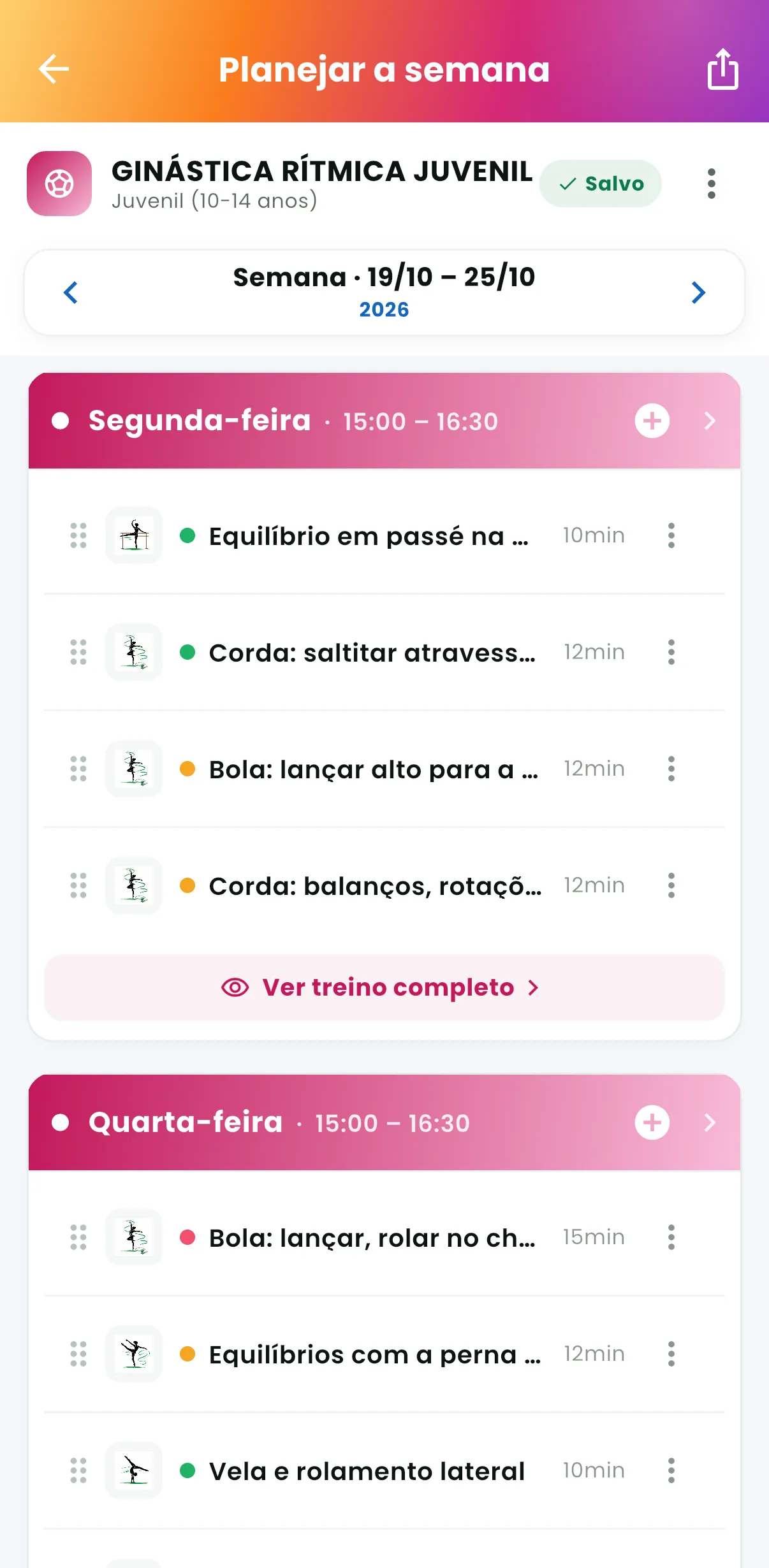 Planejar a semana — O treino de cada dia da turma (print do AppFUT)