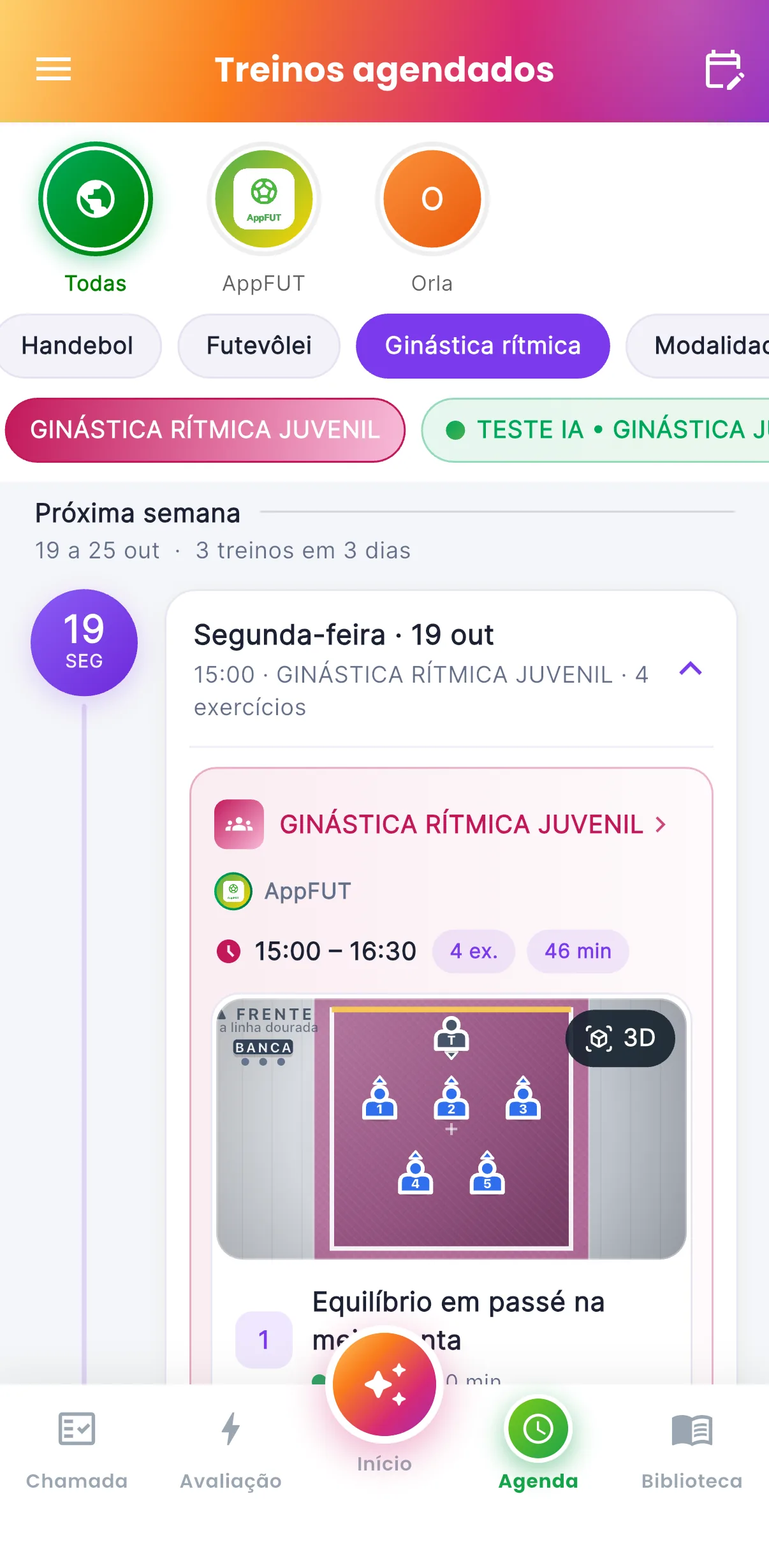 Treinos agendados — O que a turma vai treinar (print do AppFUT)
