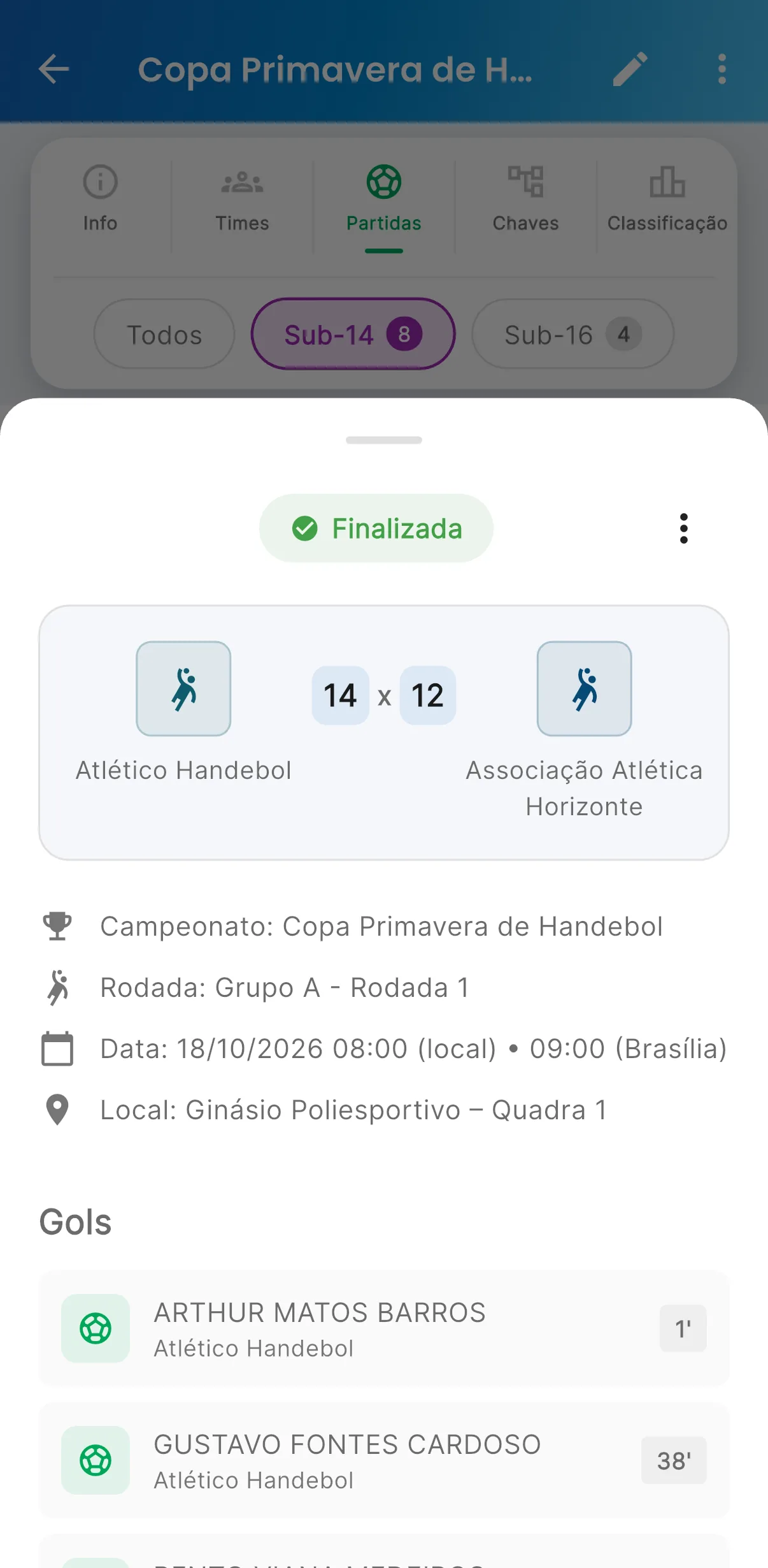 Súmula da partida — Gols, cartões e o resultado (print do AppFUT)