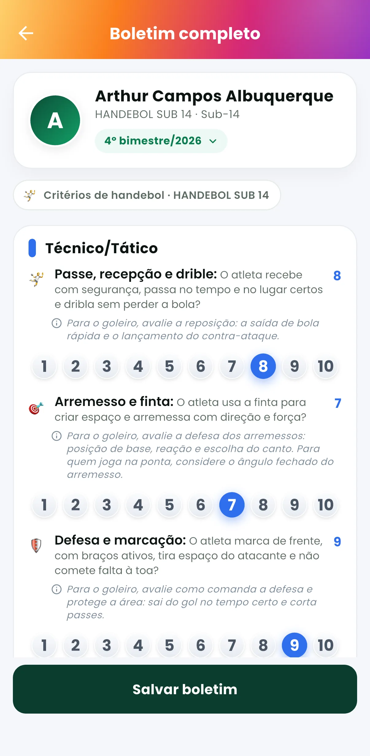 Boletim do handebol de handebol — print do AppFUT