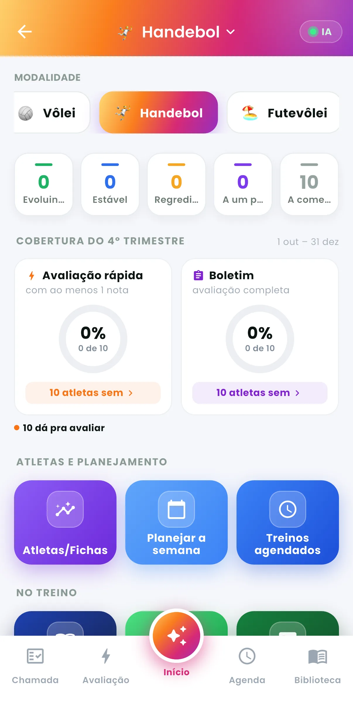 IA do Treinador — Painel do professor: evolução, avaliações e planejamento (print do AppFUT)