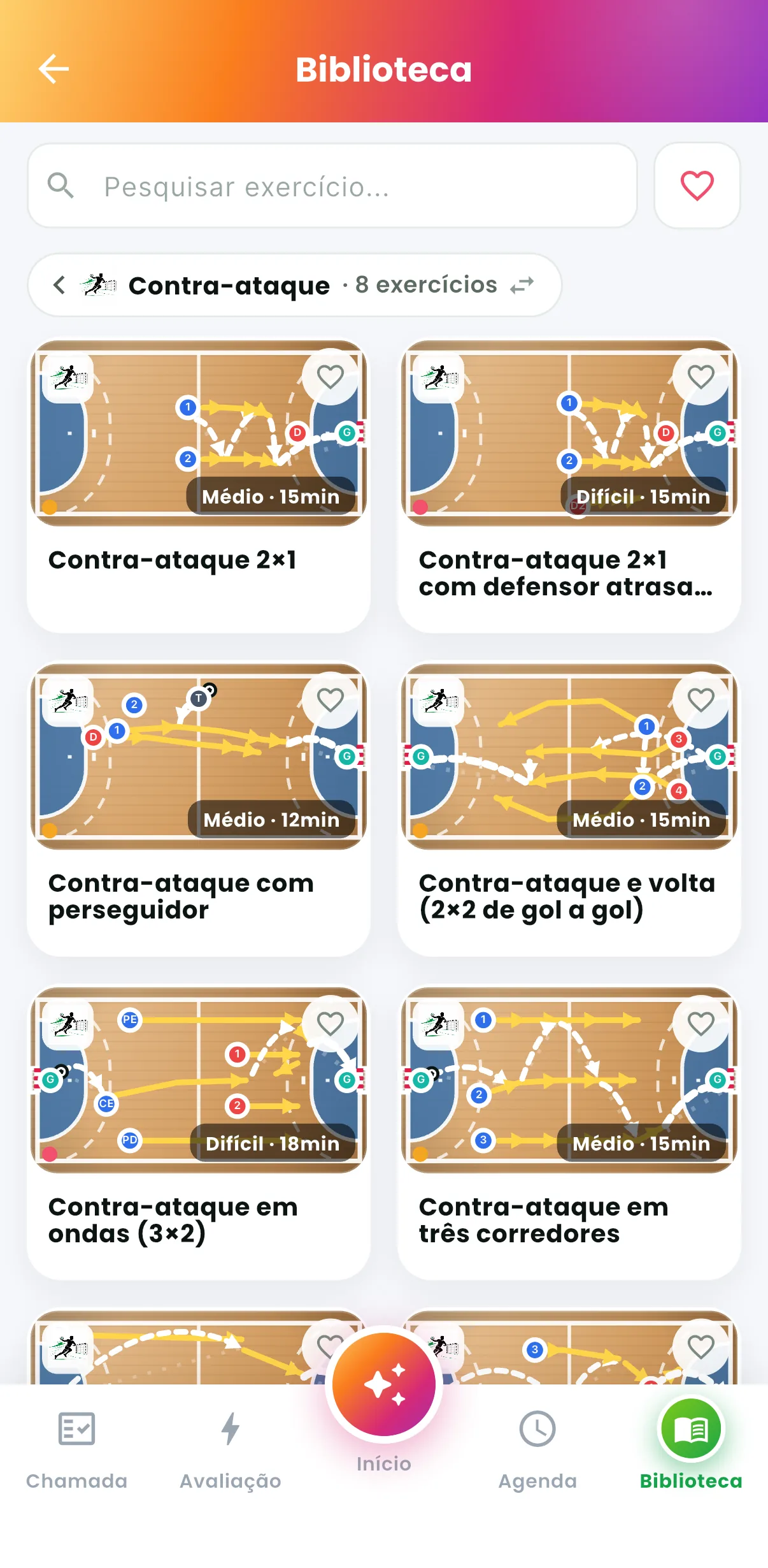 Biblioteca: contra-ataque — Exercícios do fundamento, com duração e nível (print do AppFUT)