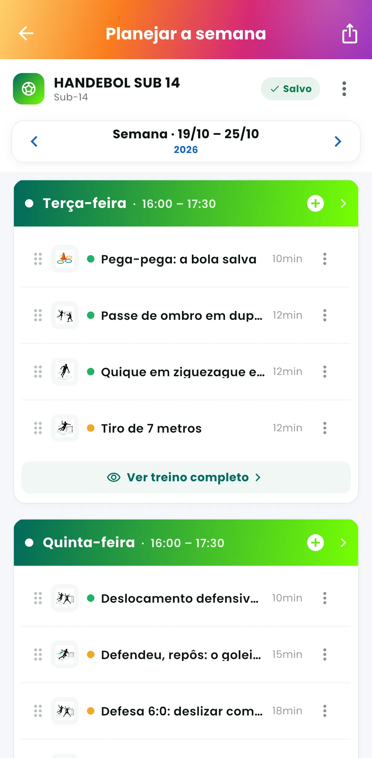 Planejar a semana — O treino de cada dia da turma (print do AppFUT)