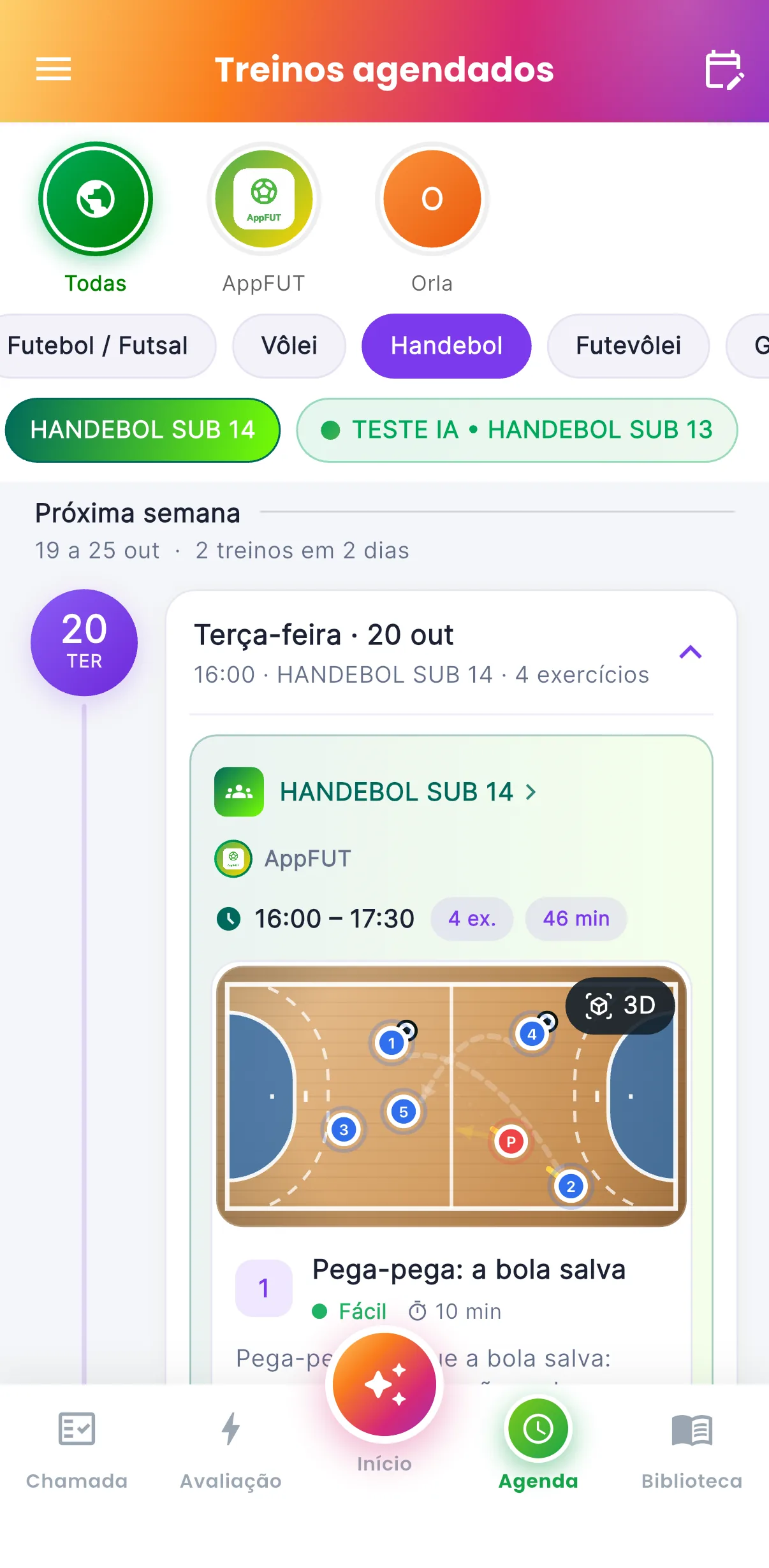 Treinos agendados — O que a turma vai treinar (print do AppFUT)