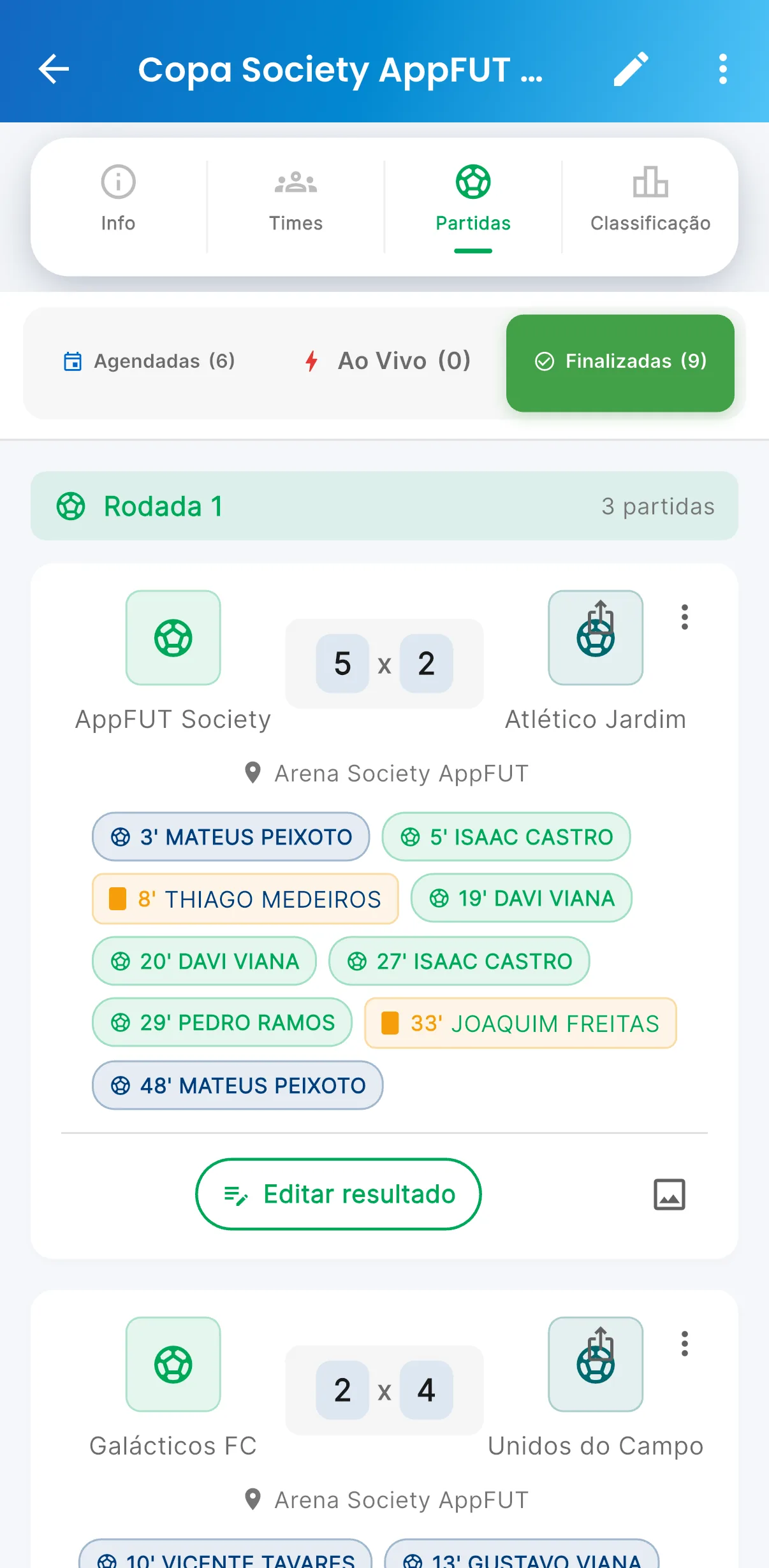 Partidas — Jogos por rodada, com placar (print do AppFUT)