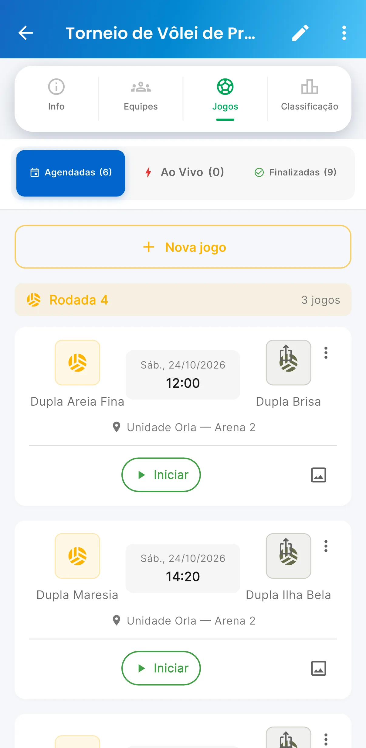 Jogos agendados — print do AppFUT