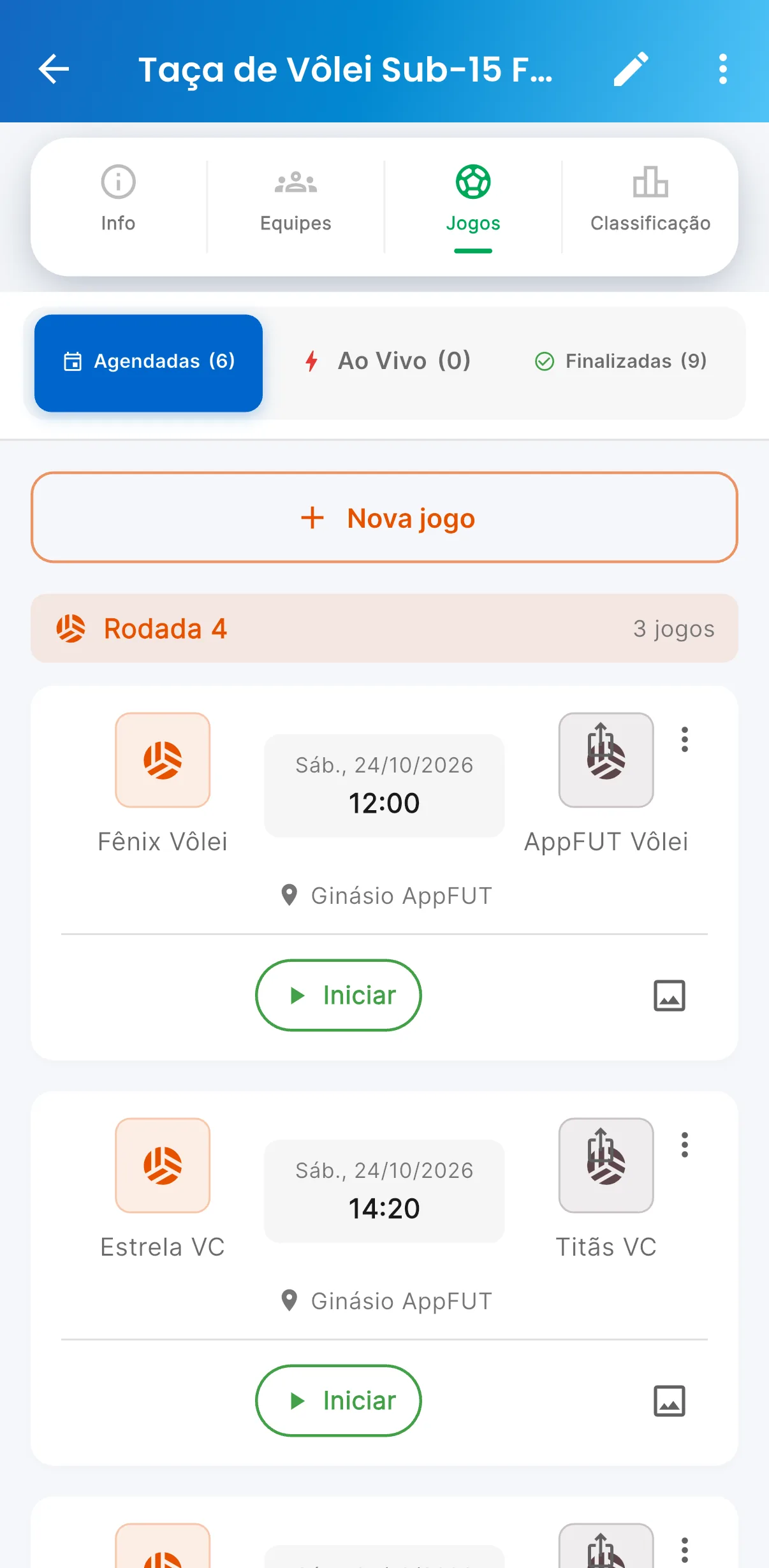 Jogos agendados — print do AppFUT
