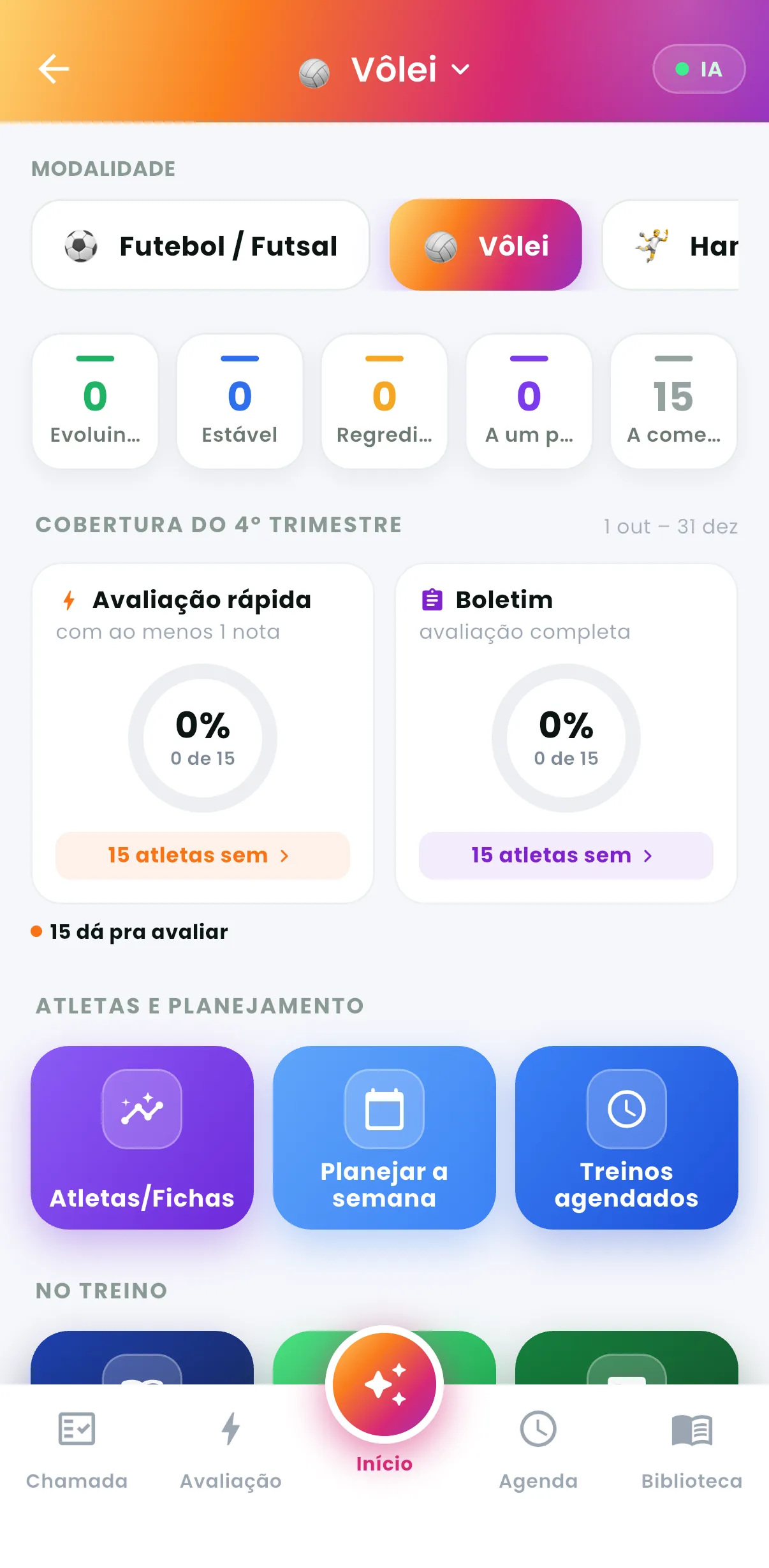 IA do Treinador — Painel do professor: evolução, avaliações e planejamento (print do AppFUT)