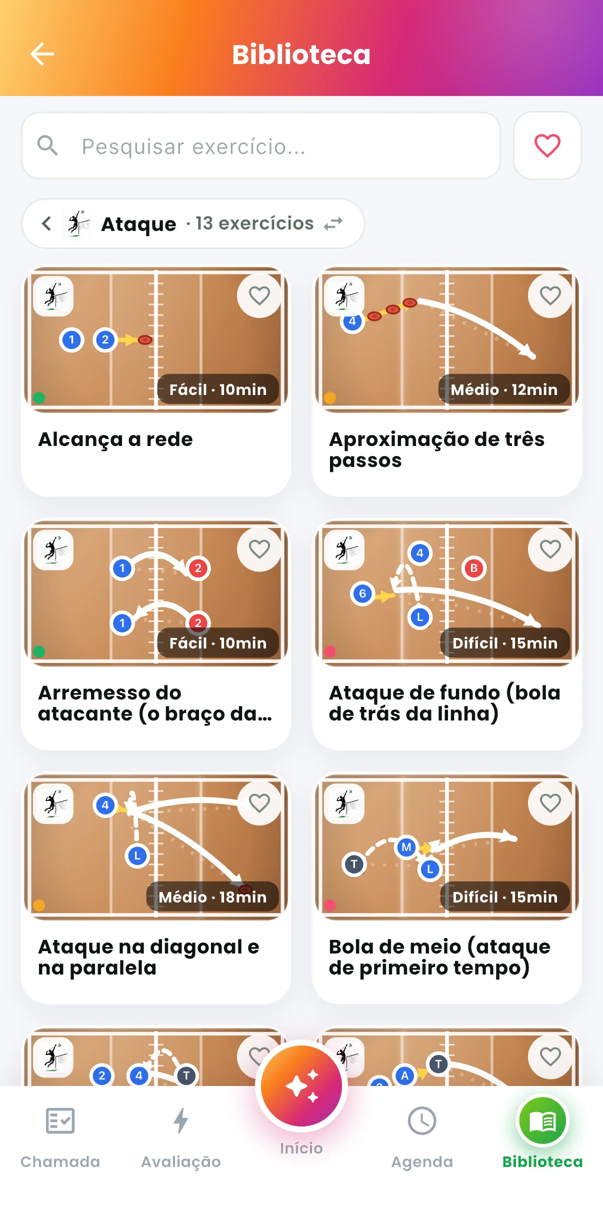 Biblioteca por fundamento — Lista de exercícios com duração e nível (print do AppFUT)