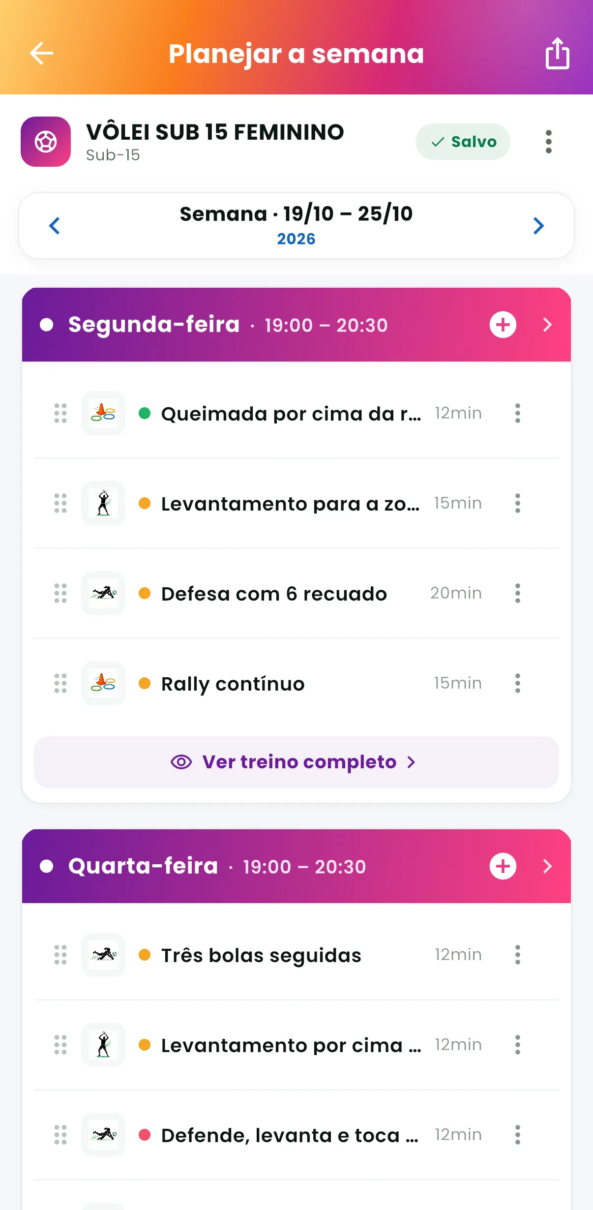 Planejar a semana — O treino de cada dia da turma (print do AppFUT)