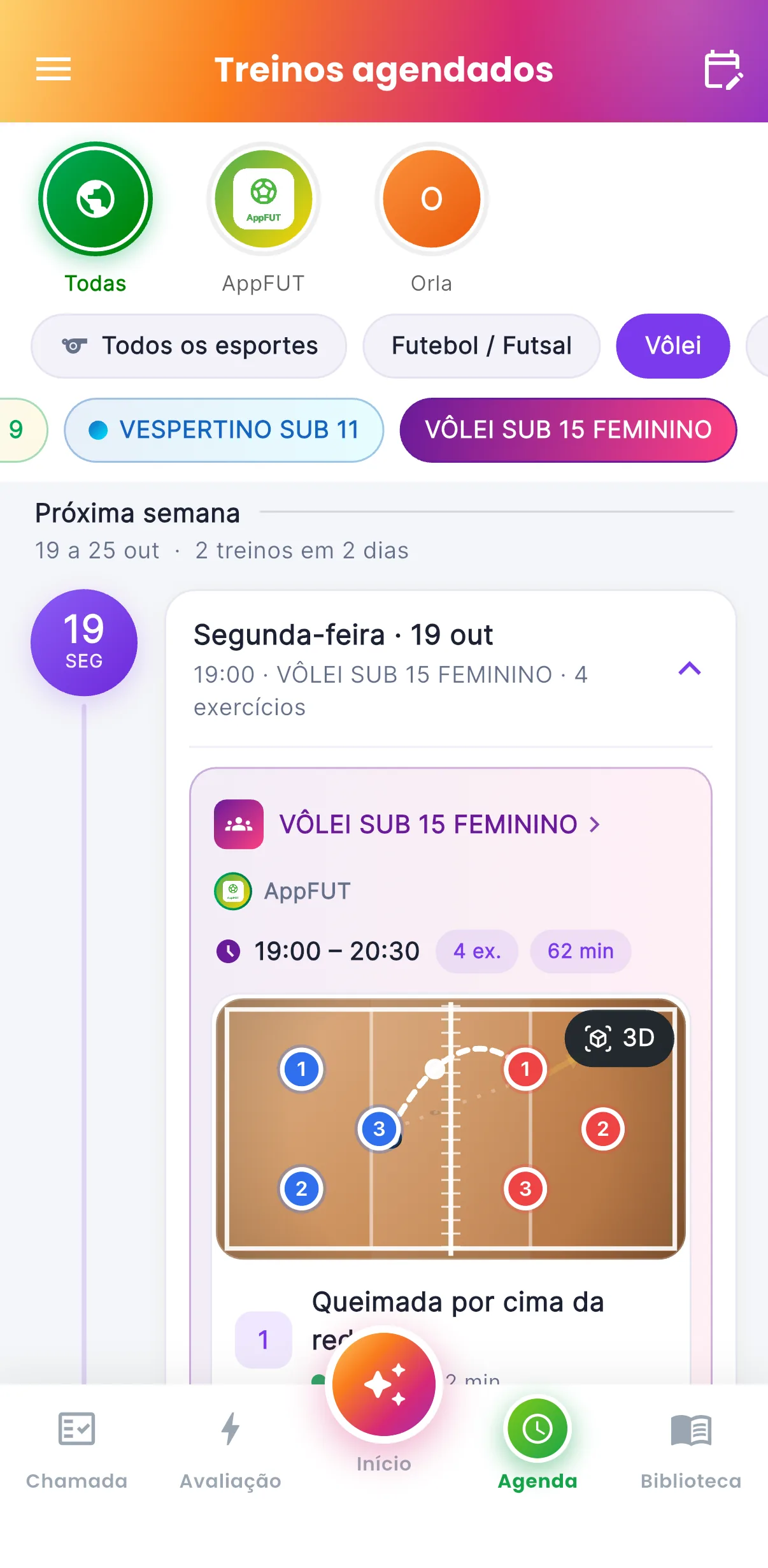 Treinos agendados — O que a turma vai treinar (print do AppFUT)