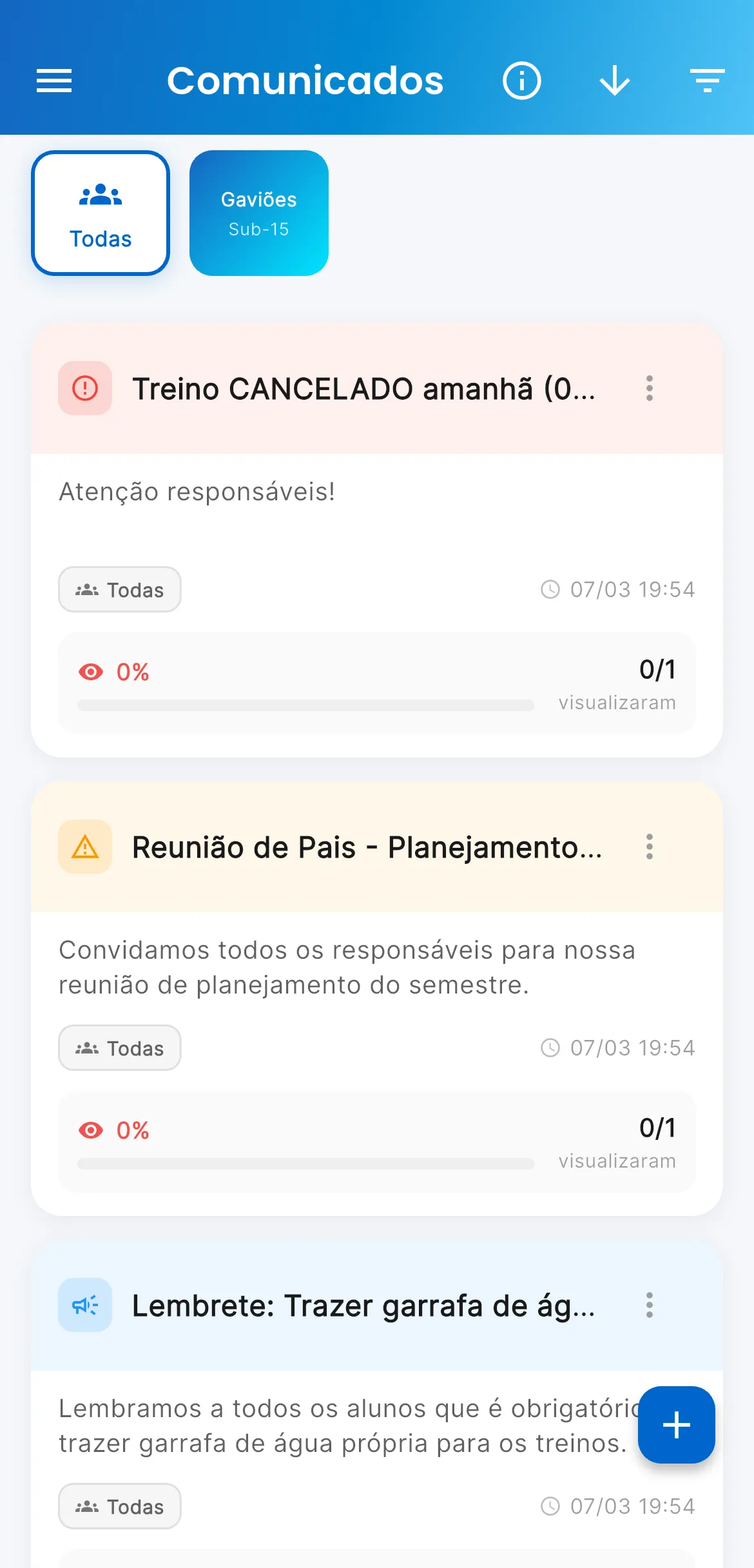 Comunicados no AppFUT
